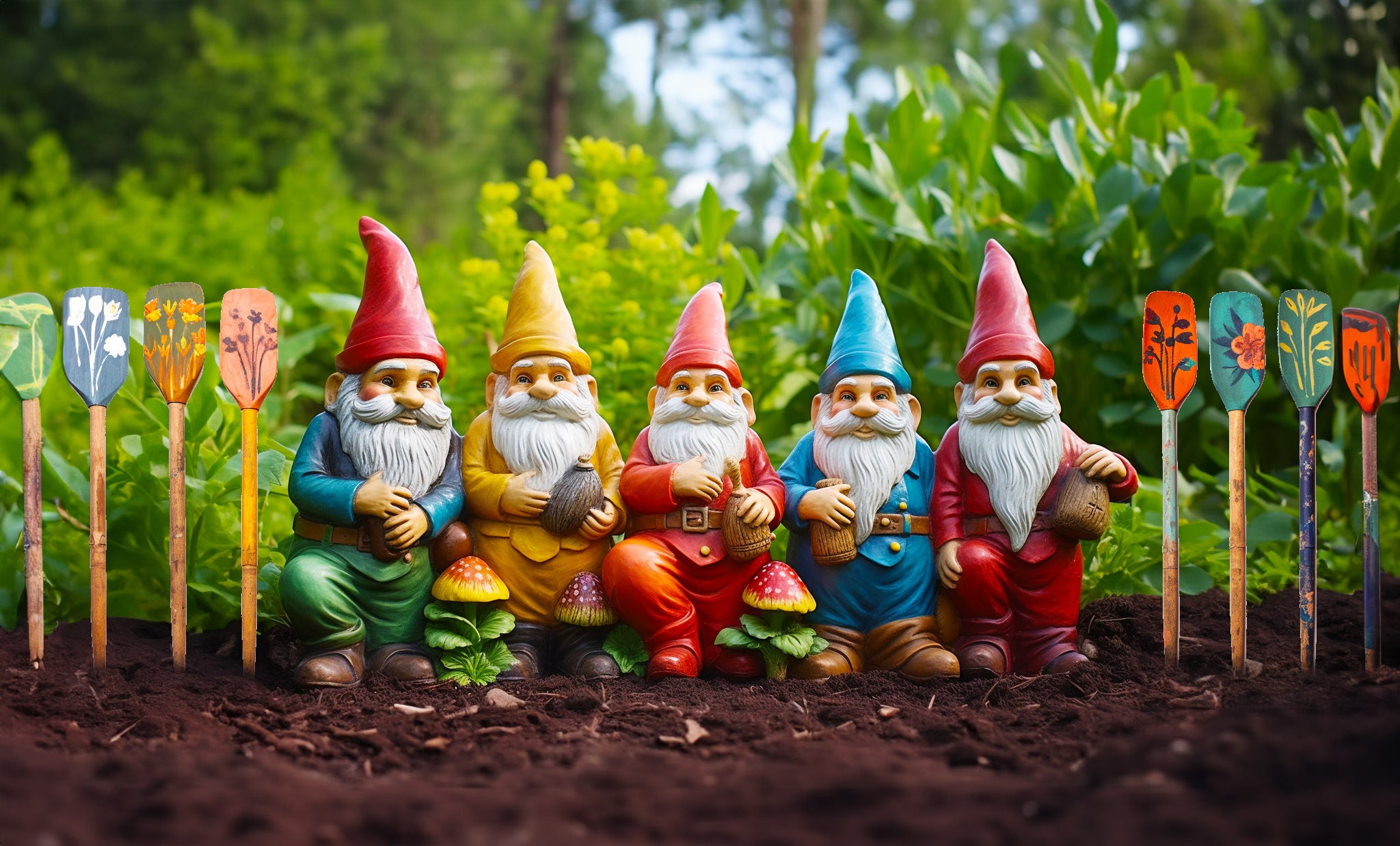 Garden Gnomes Wood Painted Shape Stakes Decor