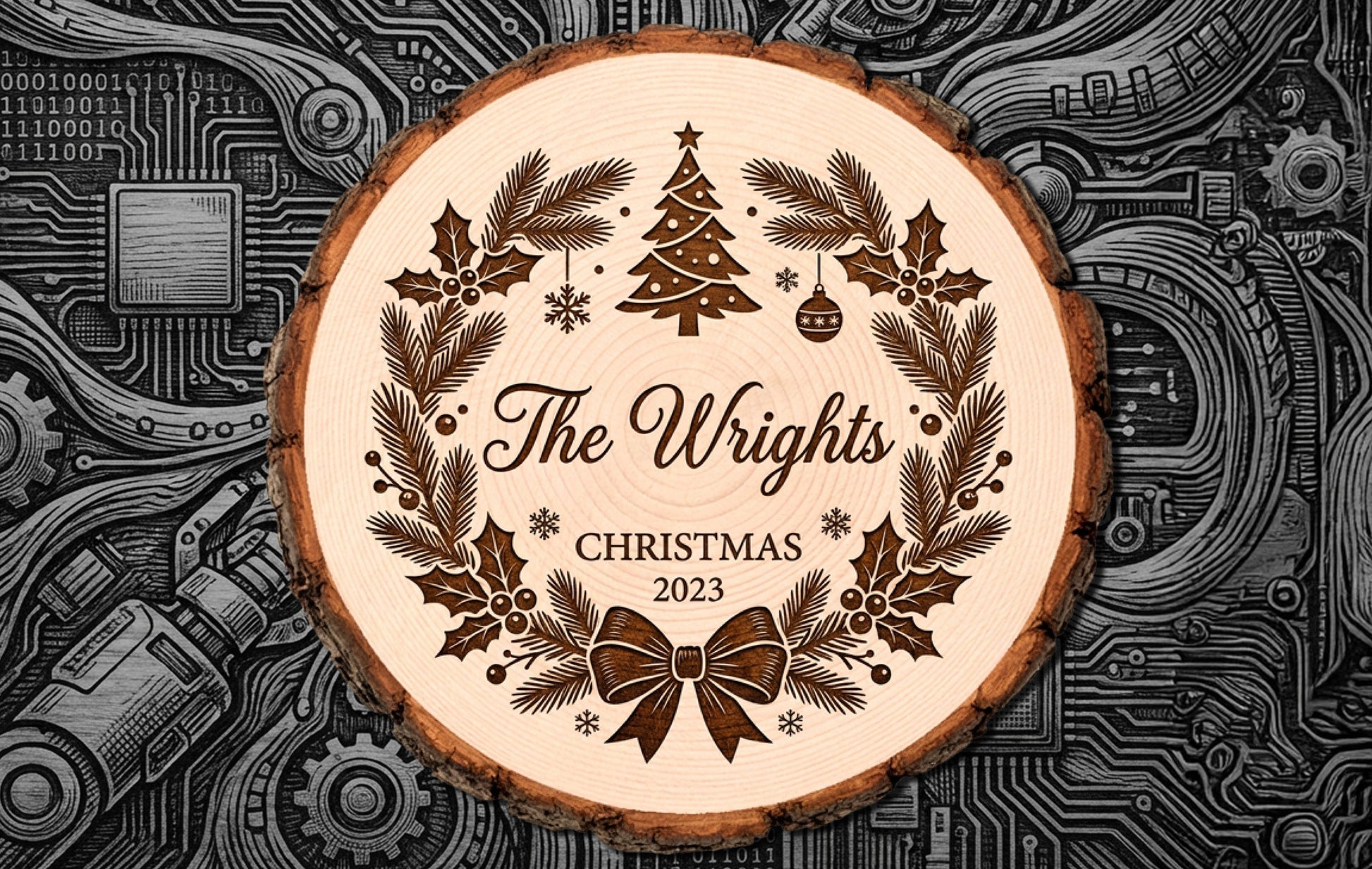 Wood Engraved Sign Bark Tree Ornament Christmas Family 1/2 inch thick