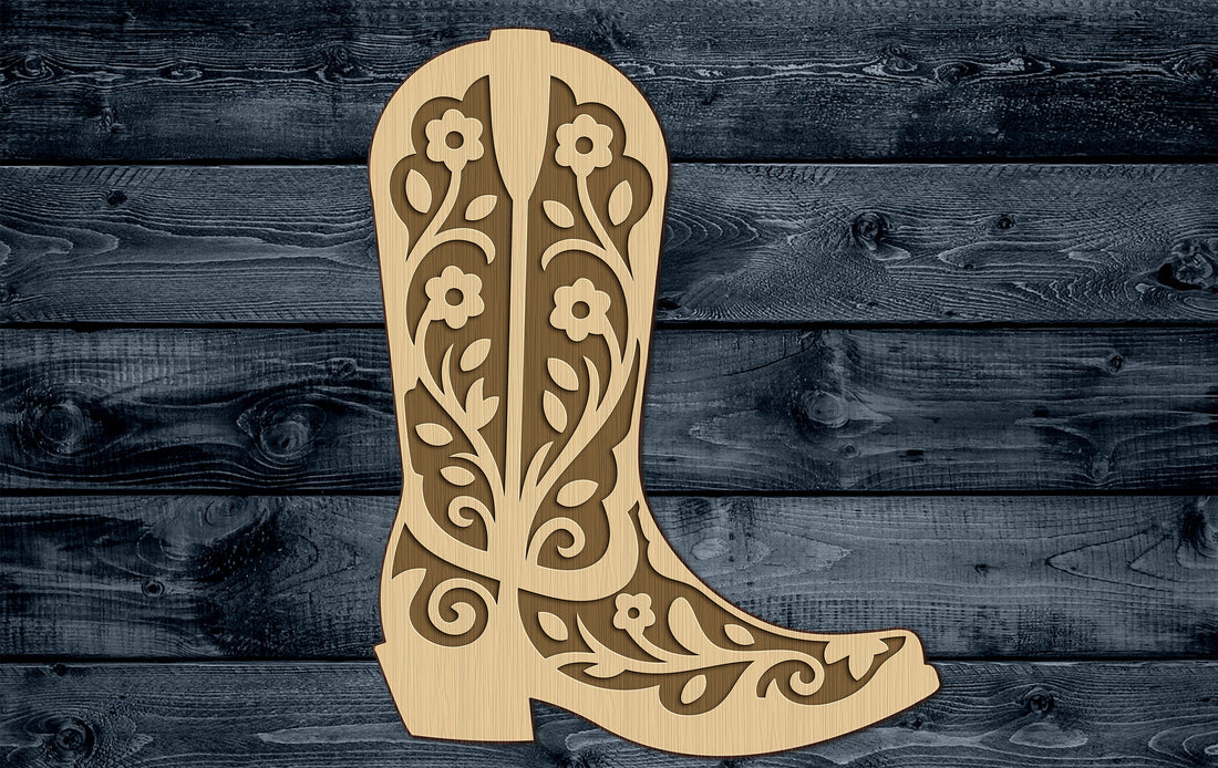Wood Sign Cutout Cowboy Boot Engraved Western Floral Pattern 1/16 inch thick