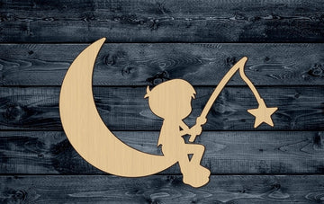 Boy Fishing Moon Star Dream Rod Wood Cutout Shape Silhouette Blank Unpainted Sign 1/4 inch thick
