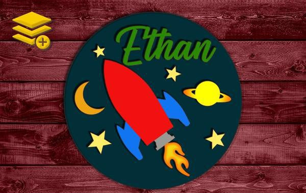 Multi-Layered Rocket Space Themed Custom Name Wood Cutout Unpainted Sign 1/4 inch thick